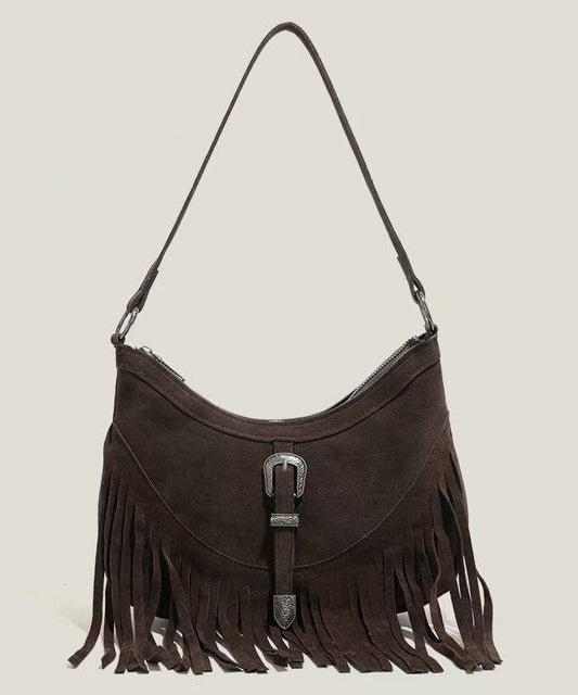 Handmade Khaki Tasseled Solid Durable Fine Suede Messenger Bag