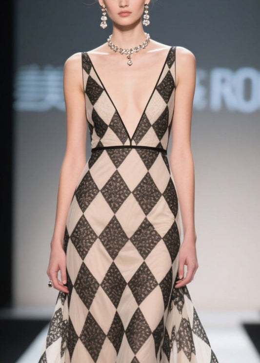 Handmade Khaki V Neck Plaid Chiffon Sundress Summer