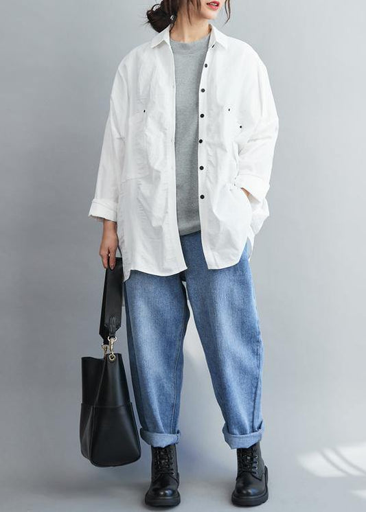 Handmade Lapel Collar Cotton spring Clothes White tunic shirt - SooLinen