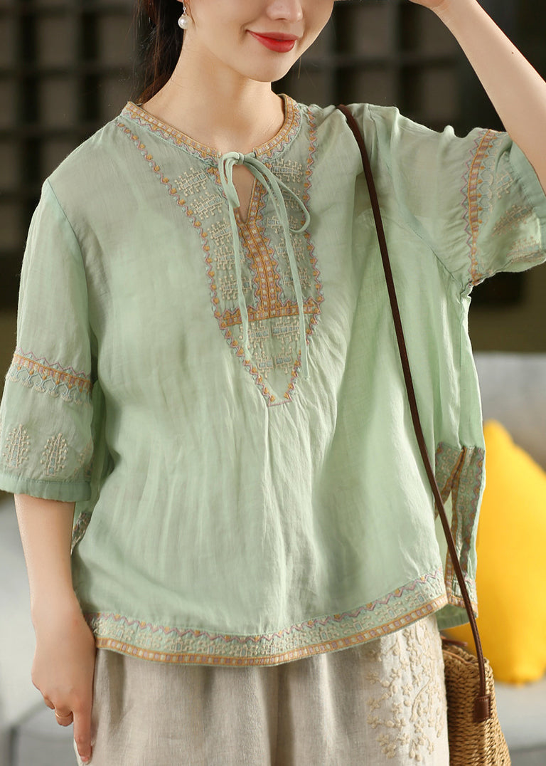 Handmade Light Blue Embroidered Lace Up Linen Shirt Tops Summer