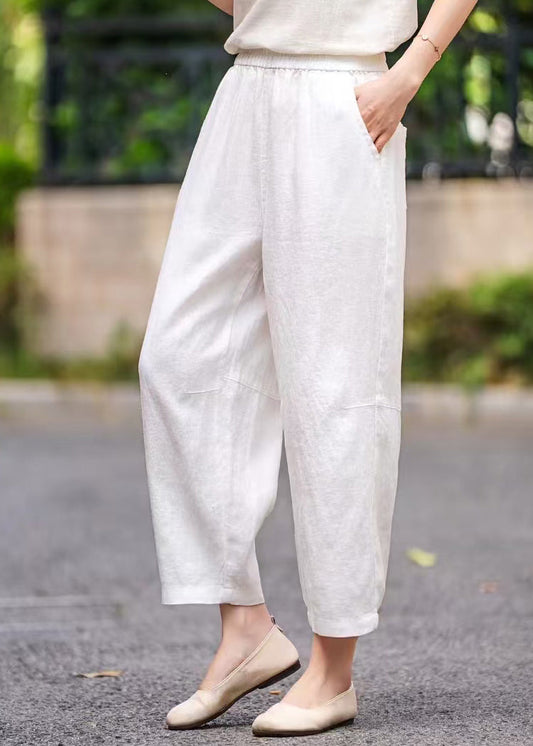 Handmade Navy Pockets Elastic Waist Linen Crop Pants Summer