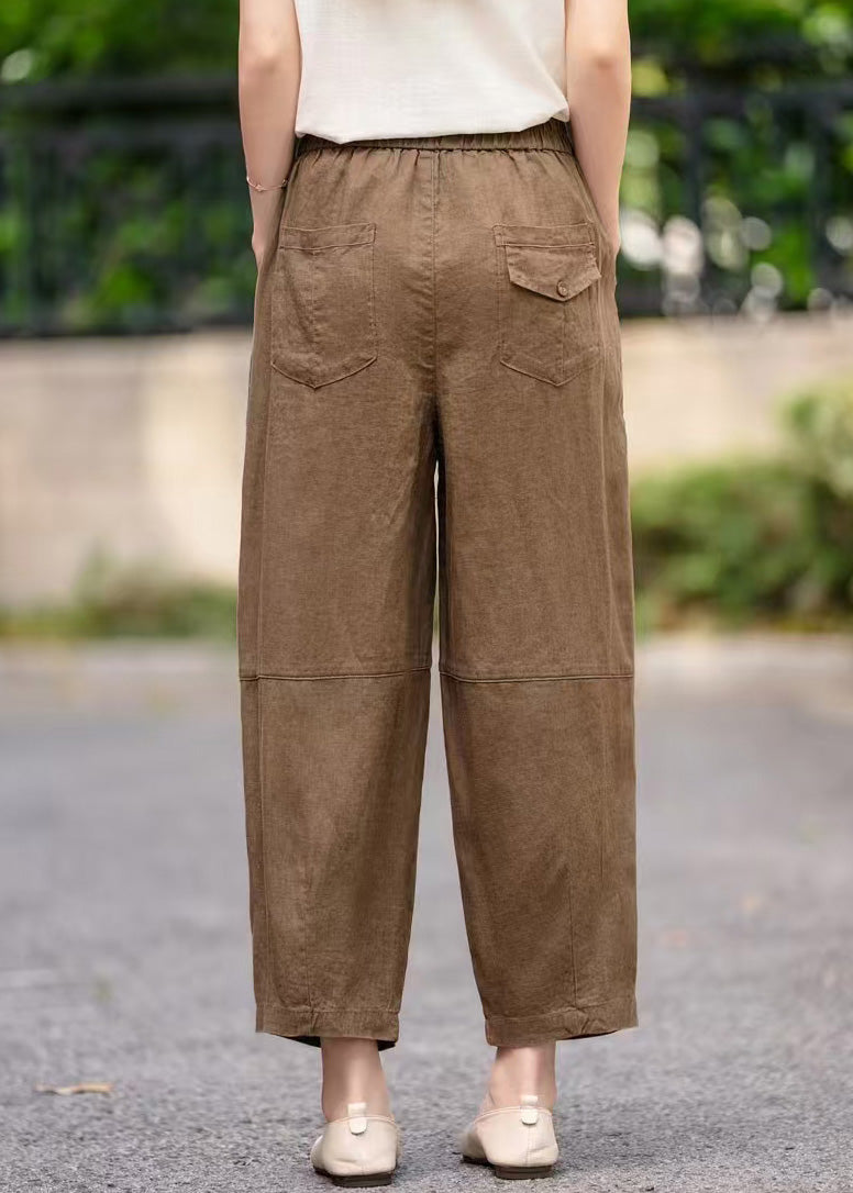 Handmade Navy Pockets Elastic Waist Linen Crop Pants Summer