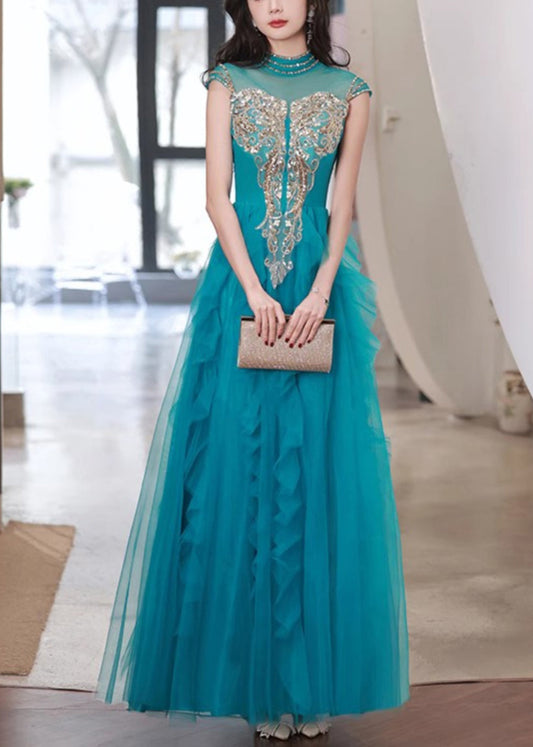 Handmade Peacock Blue Nail Bead Ruffled Tulle Party Dress Summer