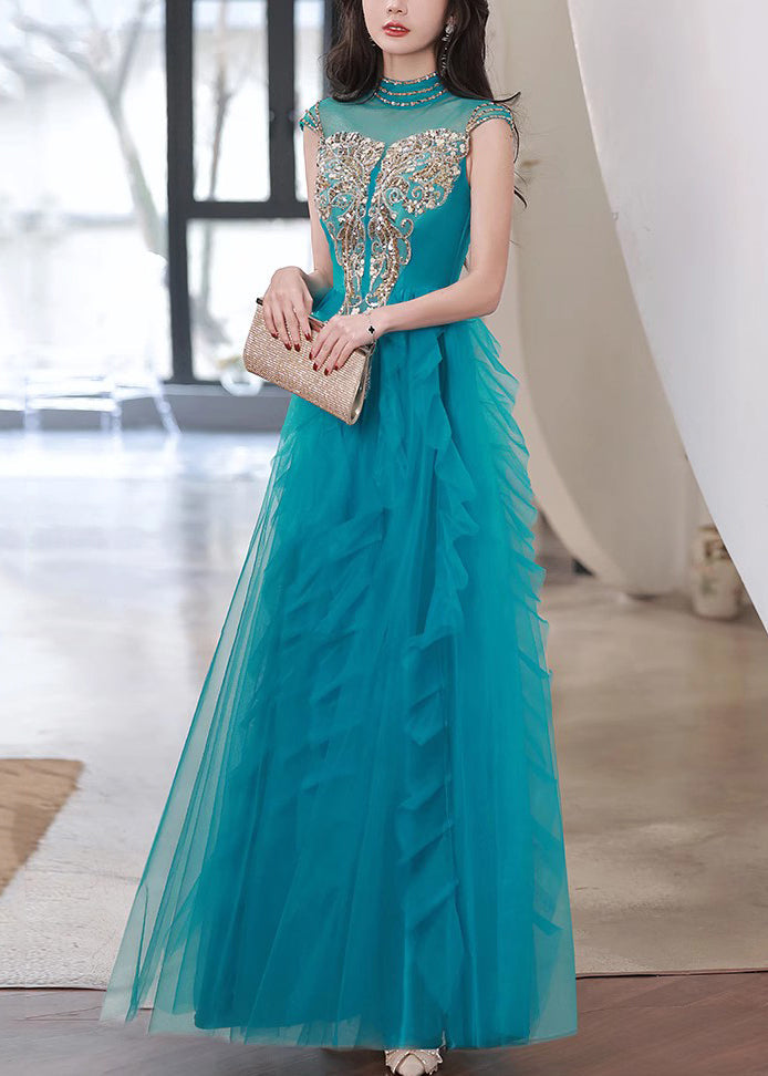Handmade Peacock Blue Nail Bead Ruffled Tulle Party Dress Summer
