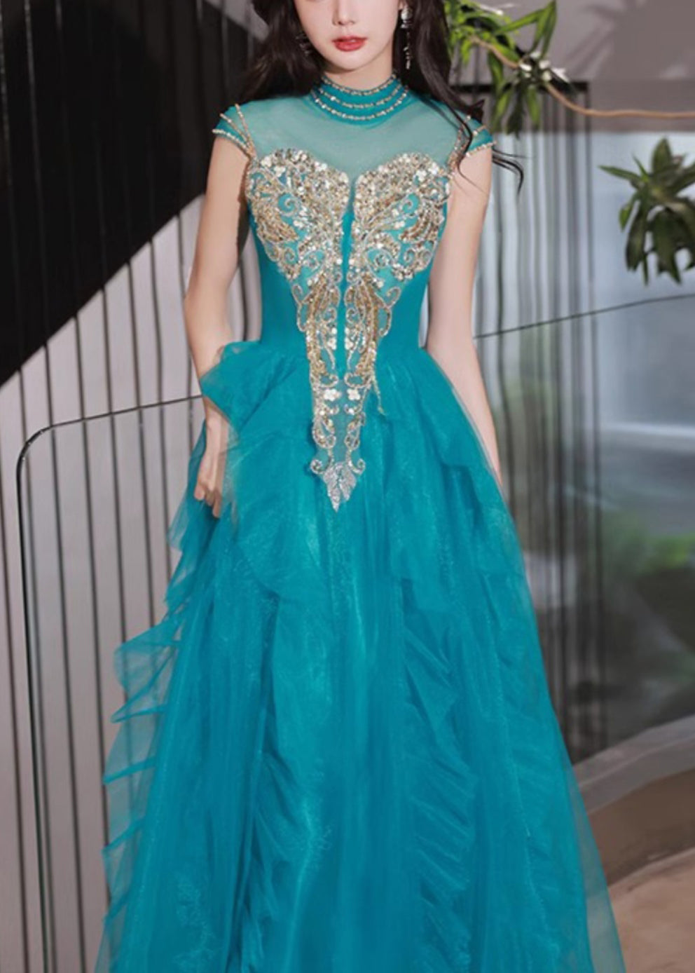Handmade Peacock Blue Nail Bead Ruffled Tulle Party Dress Summer