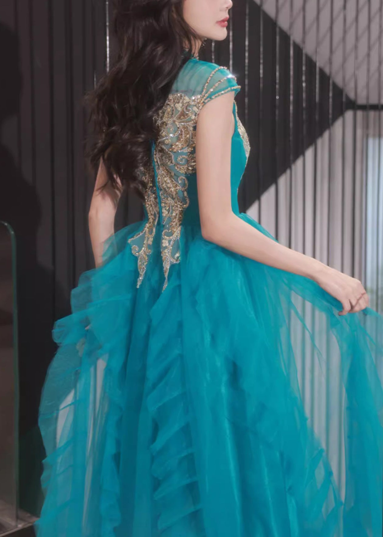 Handmade Peacock Blue Nail Bead Ruffled Tulle Party Dress Summer