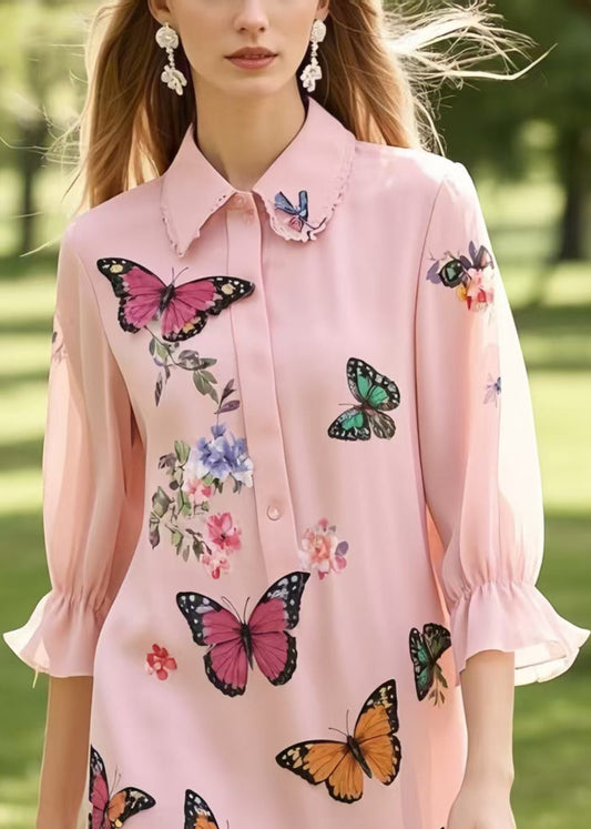 Handmade Pink Butterfly Patchwork Lace Chiffon Shirt Dress Summer