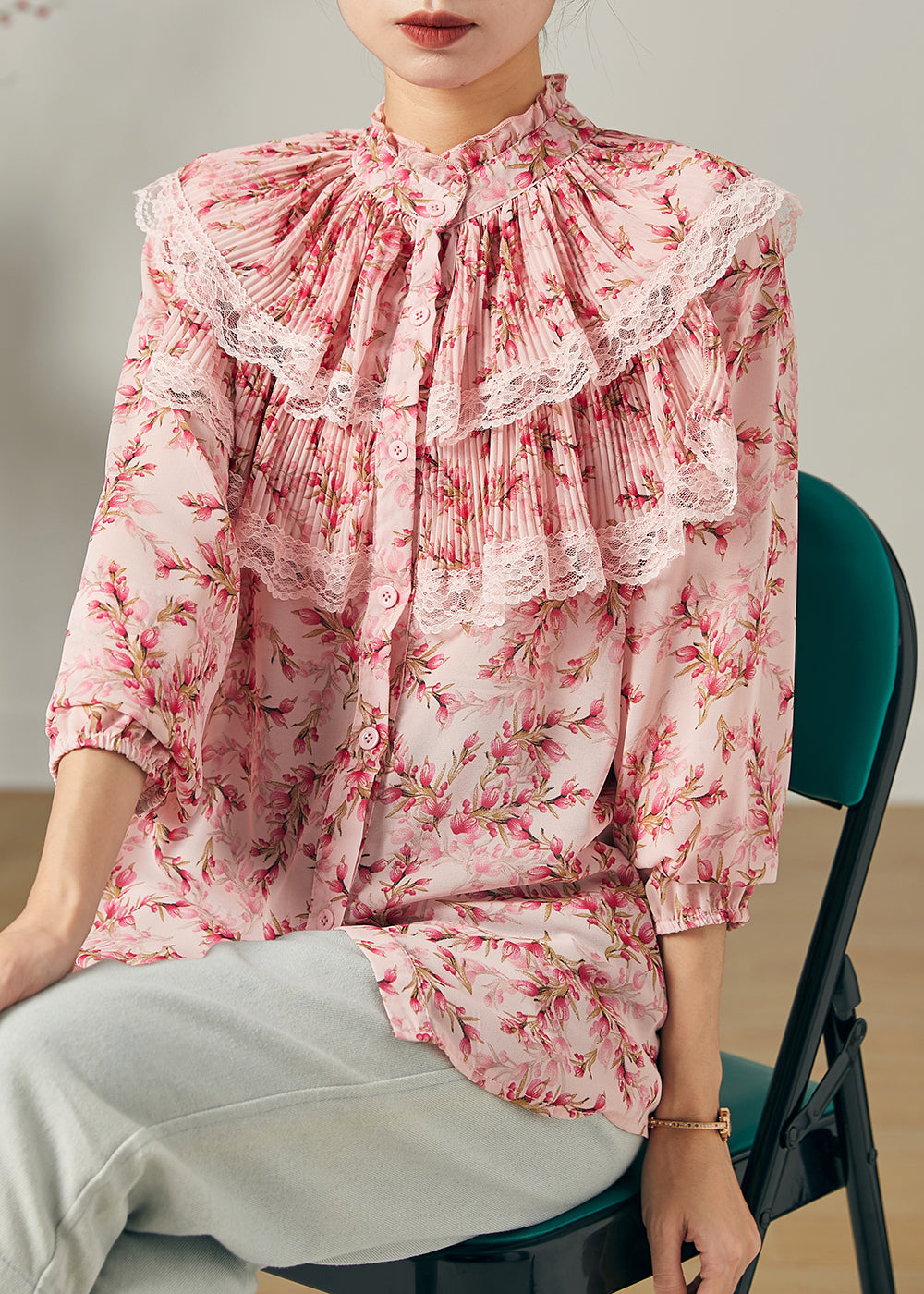 Handgemachtes rosa doppellagiges Chiffon-Top mit Print für den Sommer