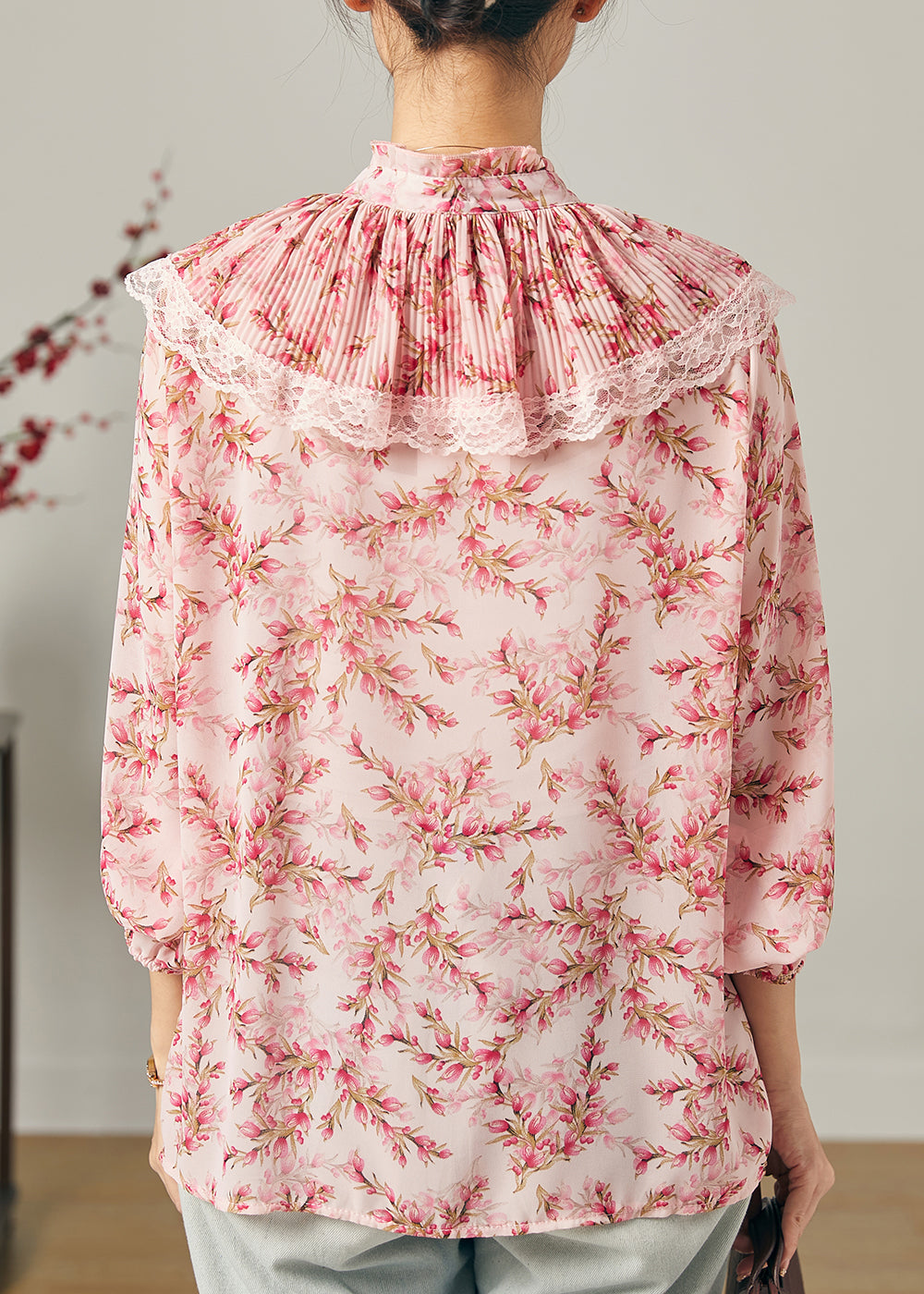 Handgemachtes rosa doppellagiges Chiffon-Top mit Print für den Sommer
