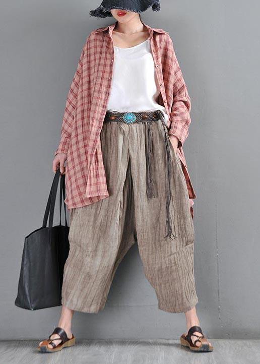 Handmade Pink Plaid Peter Pan Collar Cotton Shirts Summer - SooLinen