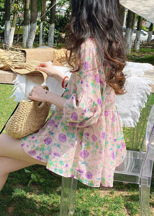 Handgemachte rosa bedruckte Baumwollblusen mit halben Ärmeln