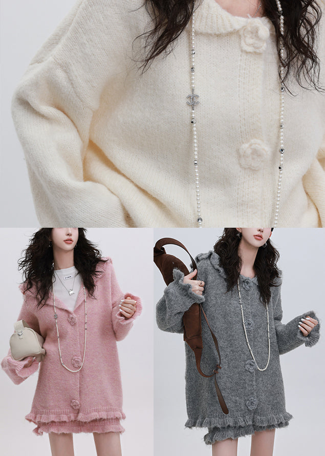 Conjunto de dos piezas de punto holgado con capucha y volantes de color rosa hecho a mano para invierno