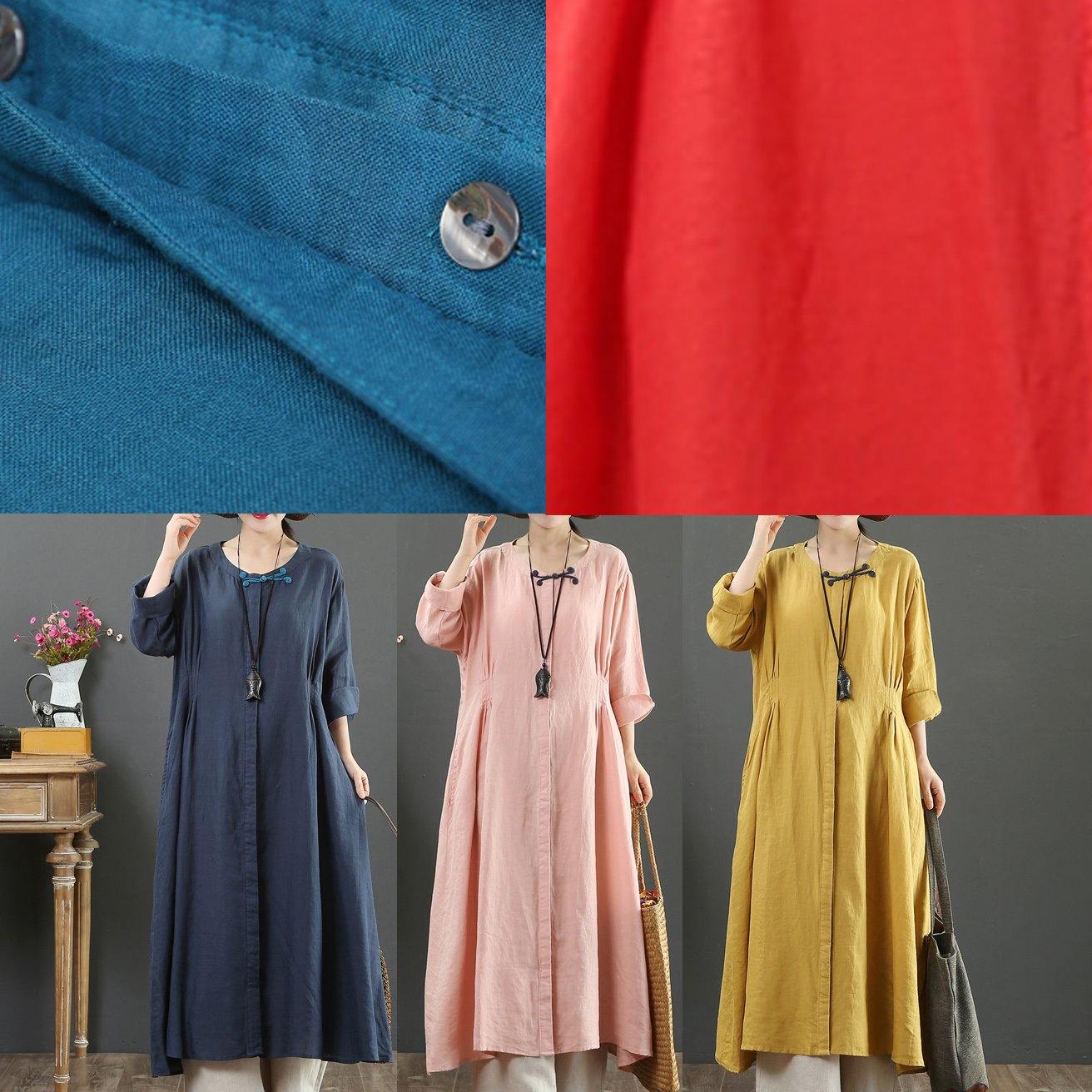 Handmade Pink Tunic Top O Neck Patchwork Maxi Spring Dresses - SooLinen