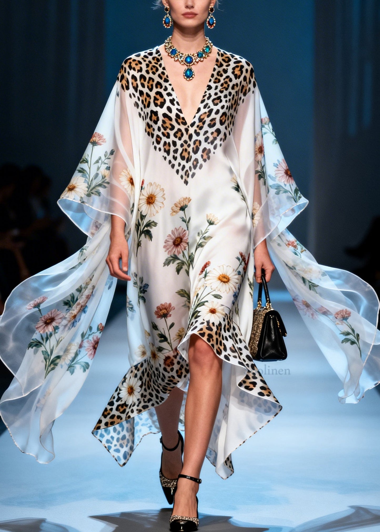 Handmade Print V Neck Asymmetrical Patchwork Chiffon Maxi Dress Summer