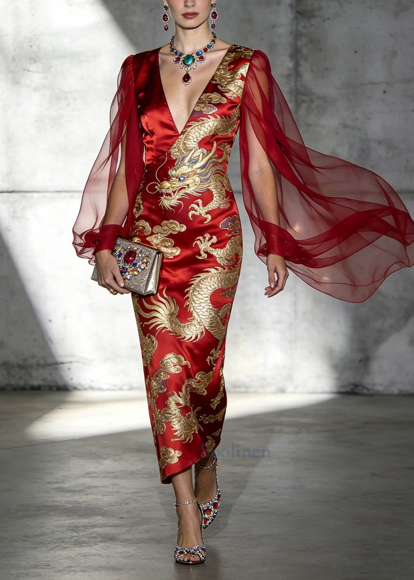 Handmade Red Jacquard Patchwork Silk Dresses Summer