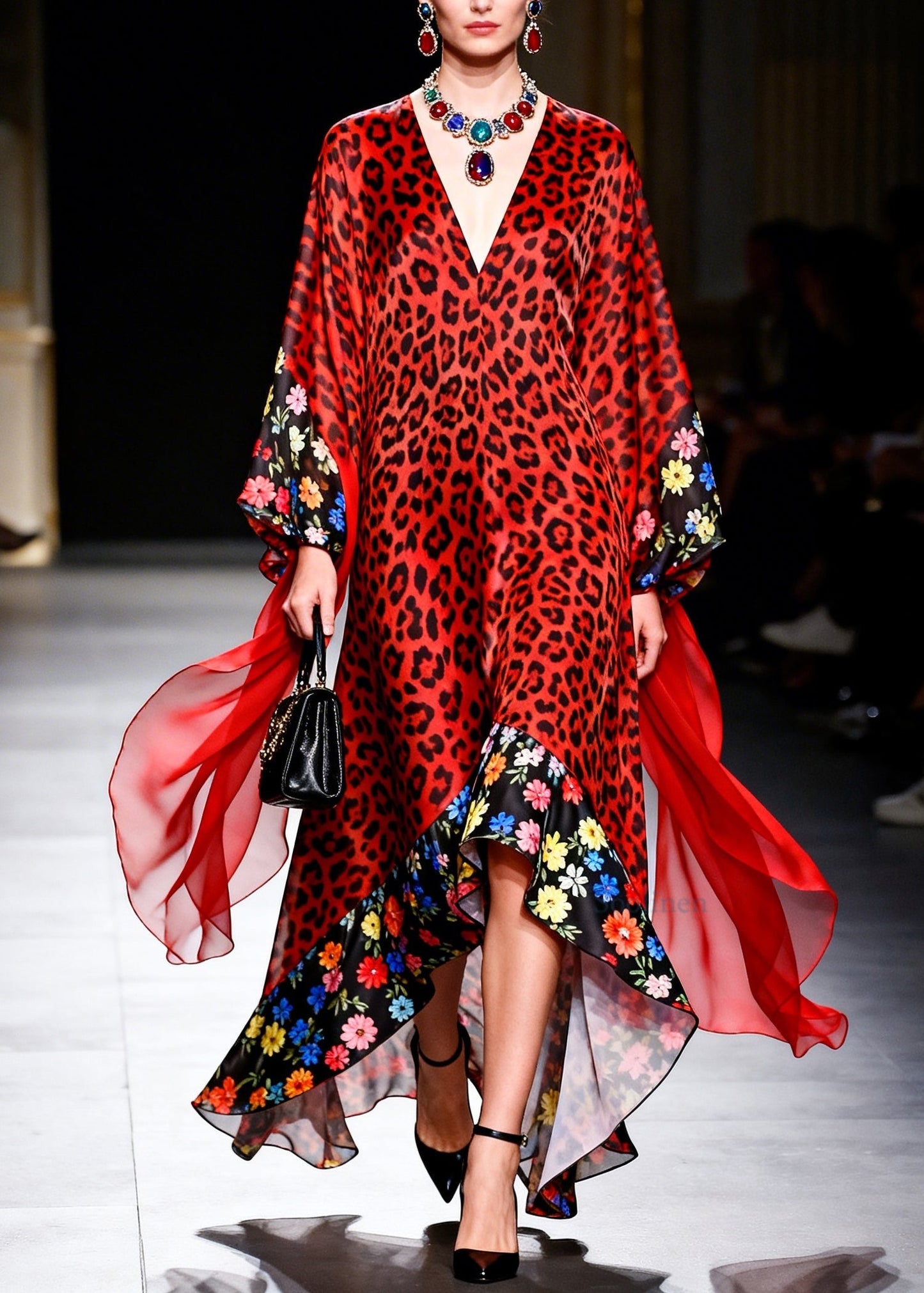 Handmade Red Leopard V Neck Print Patchwork Chiffon Long Dress