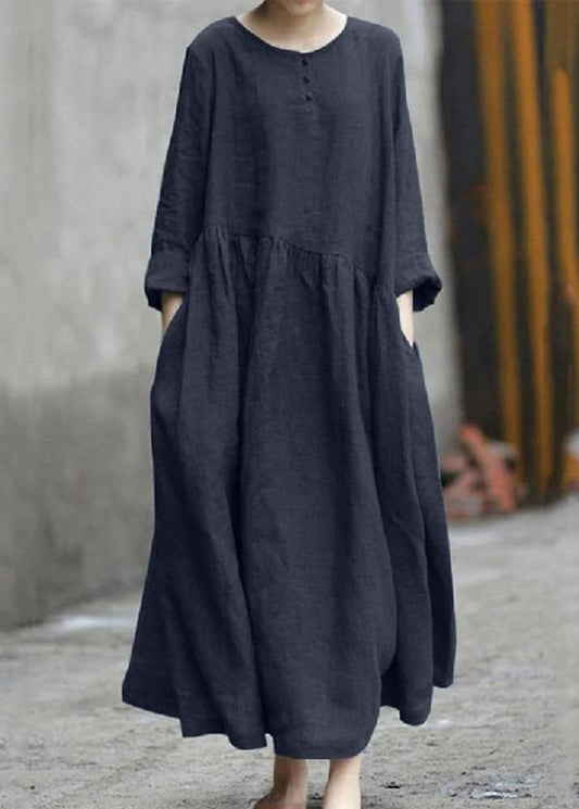 Handmade Red O-Neck Patchwork Pockets Robe Dresses Fall