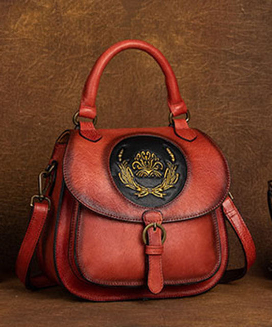 Handgemachte rote Messenger Bag aus Kalbsleder mit orientalischen Gemälden