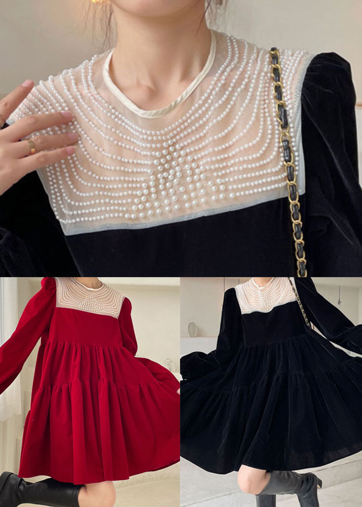 Handgemachtes rotes Patchwork-Velours-Minikleid Frühling