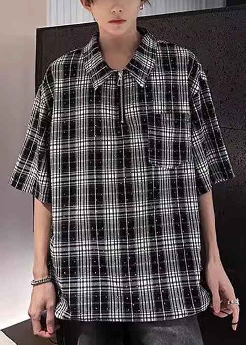 Handmade Red Plaid Zippered Zircon Cotton Men Shirts Half Sleeve