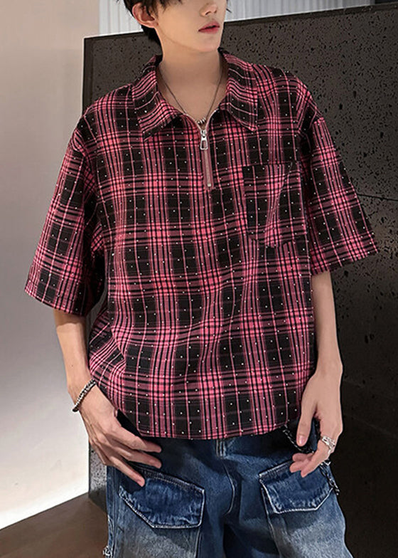 Handmade Red Plaid Zippered Zircon Cotton Men Shirts Half Sleeve