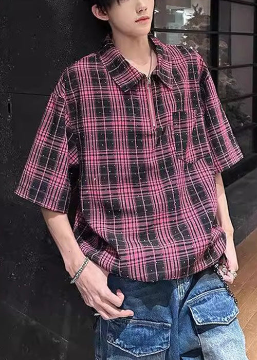 Handmade Red Plaid Zippered Zircon Cotton Men Shirts Half Sleeve