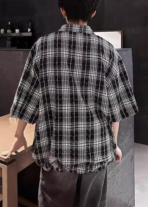 Handmade Red Plaid Zippered Zircon Cotton Men Shirts Half Sleeve