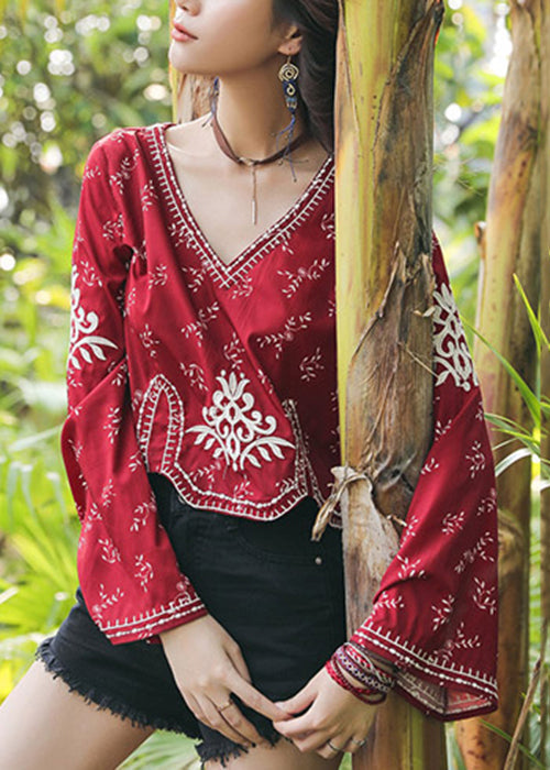 Handmade Red V Neck Embroidered Cotton Top Flare Sleeve