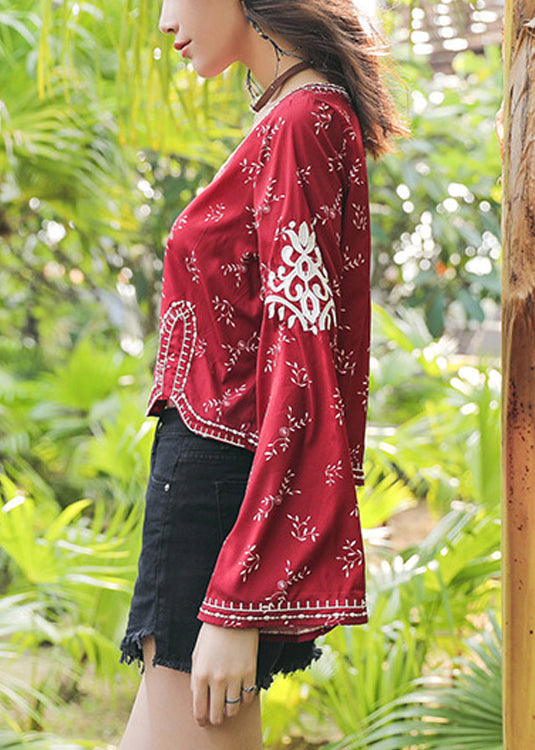 Handmade Red V Neck Embroidered Cotton Top Flare Sleeve