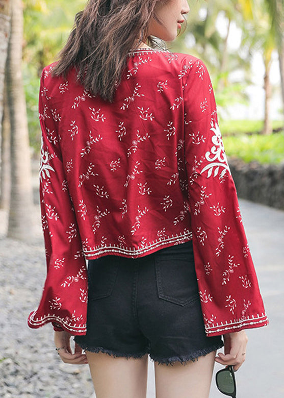Handmade Red V Neck Embroidered Cotton Top Flare Sleeve