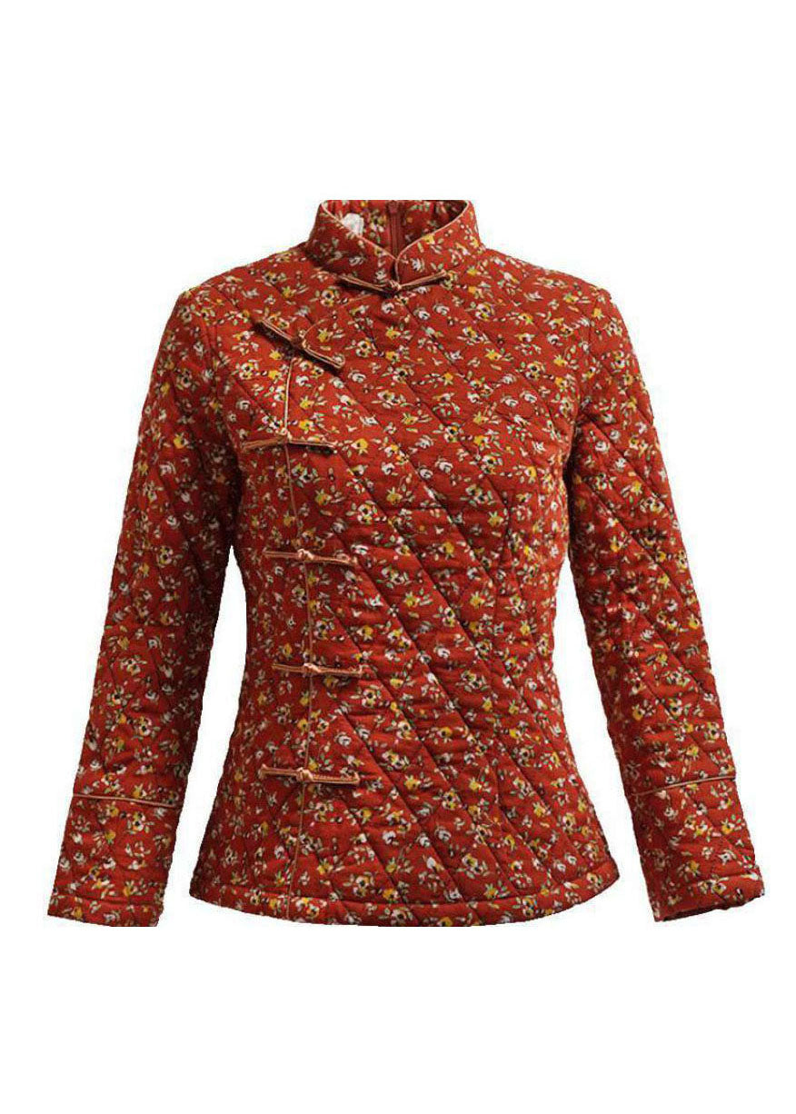 Handgemachte rote Seite offen Stehkragen Knopf Druck Feine Baumwolle gefüllt Tops Winter