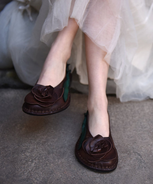 Handmade Retro Red Cowhide Leather Floral Splicing Flat Shoes