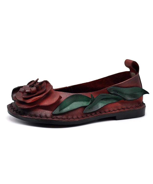 Handmade Retro Red Cowhide Leather Floral Splicing Flat Shoes