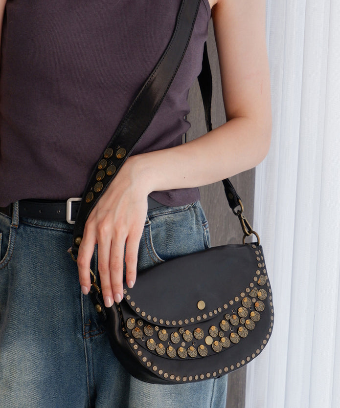 Handmade Rivet Solid Durable Leather Saddle Bag