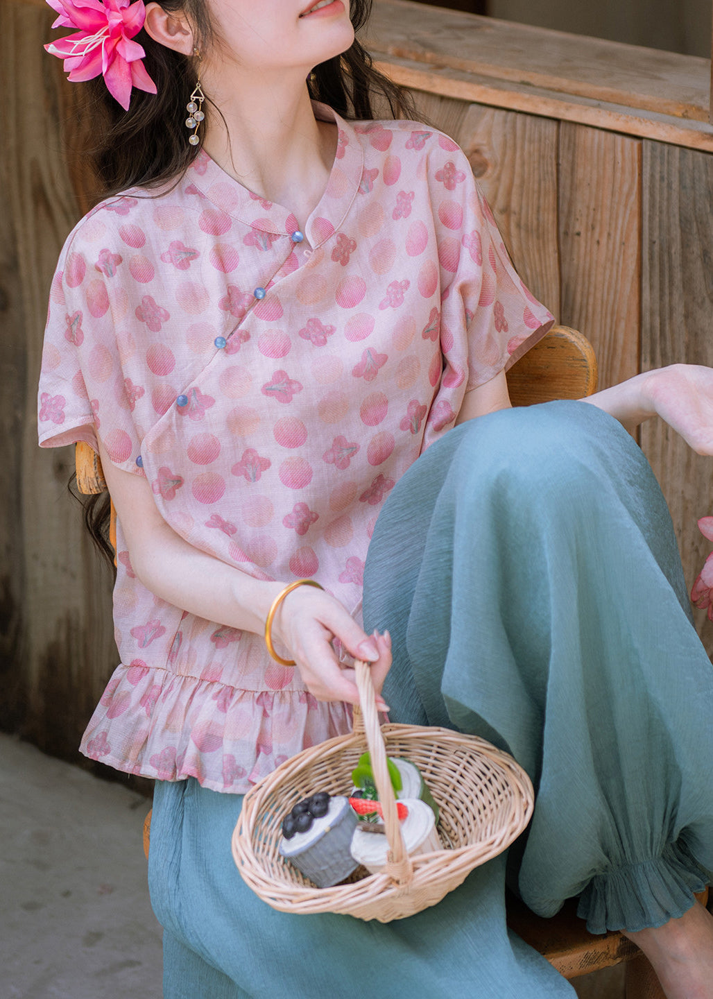 Handmade Ruffled Patchwork T Shirts And Lantern Pants Two Pieces Set Summer