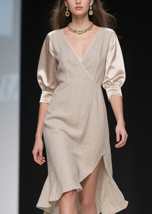Handmade Side Open Asymmetrical Design Patchwork Linen Silk Dress Summer