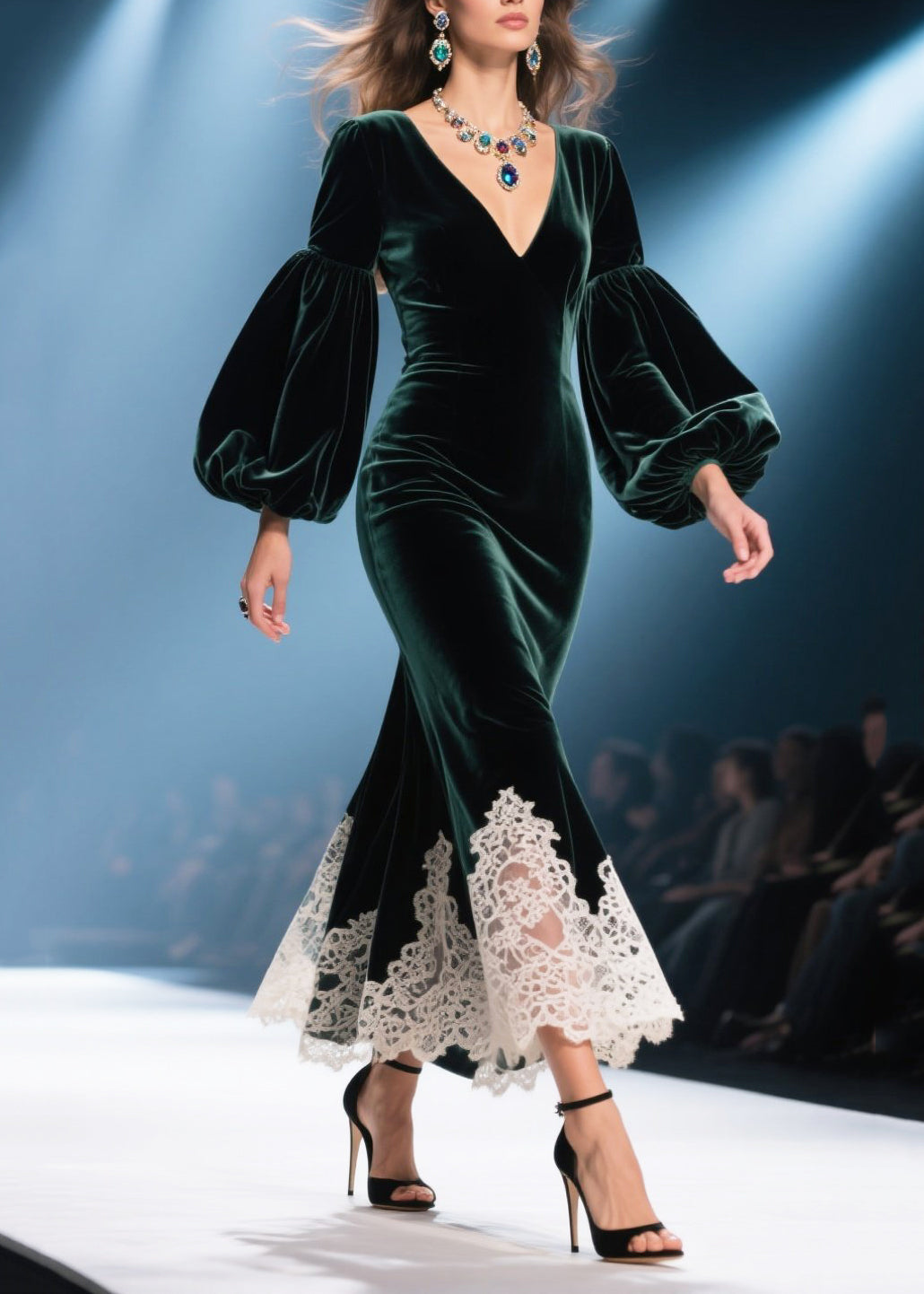 Vestidos cruzados de terciopelo de seda con encaje y retazos de cuello en V verde té hechos a mano para primavera