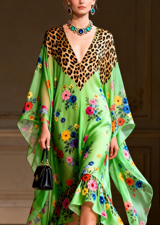 Handmade V Neck Print Patchwork Chiffon Dresses Summer