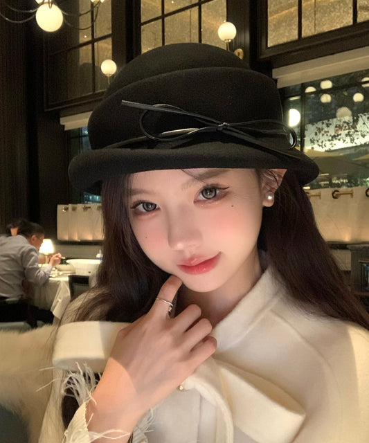 Handmade White Bow Cozy Warm Woolen Bucket Hat