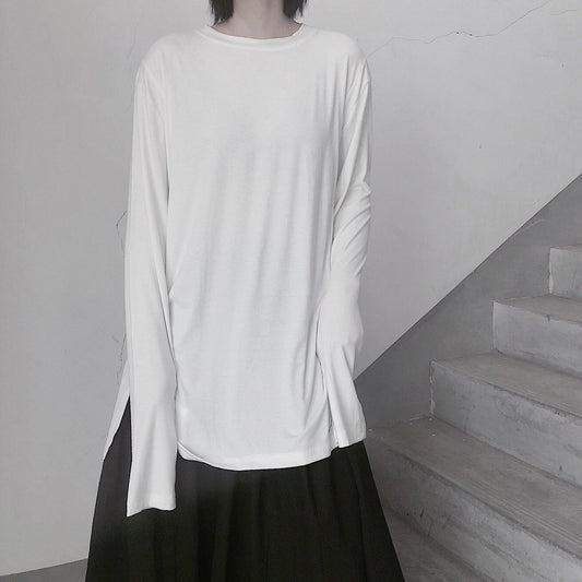 Handmade White Clothes For Women O Neck Side Open baggy Shirt - SooLinen