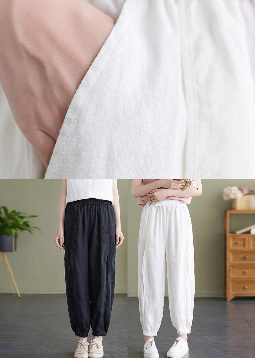 Pantalones de verano de cintura elástica blancos hechos a mano.