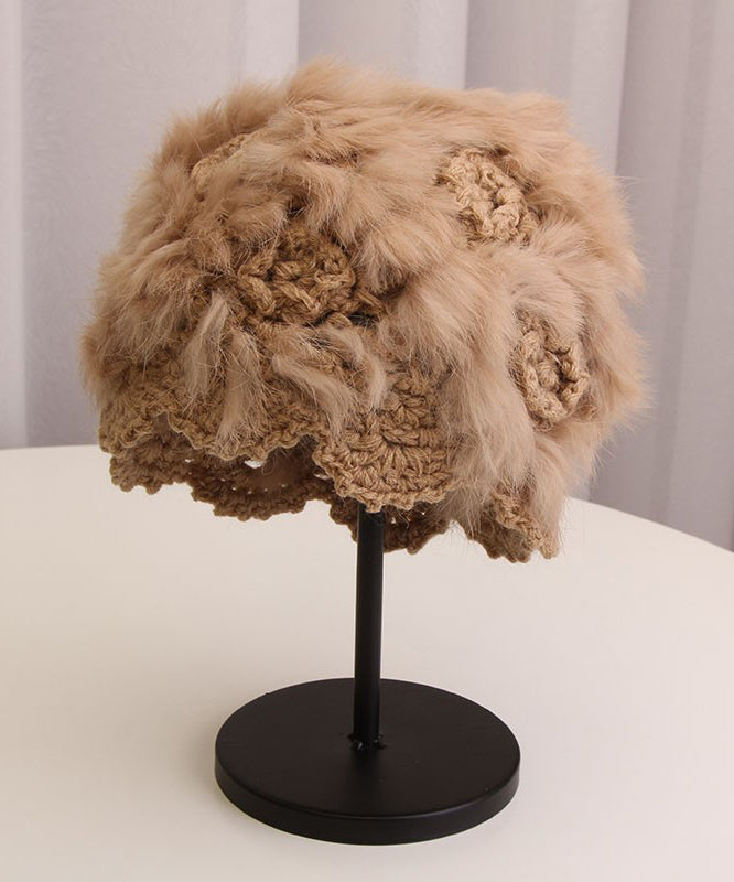 Gorro boonie de punto de pelo de conejo con flores ahuecadas, hecho a mano, color blanco