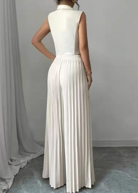 Handmade White Notched Wrinkled Two Pieces Set Sleeveless