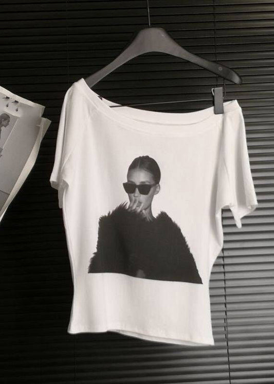 Handmade White O-Neck Belle Print T Shirt Summer