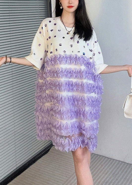 Handgemachtes weißes O-Ausschnitt Zirkon Patchwork Midikleid Sommer