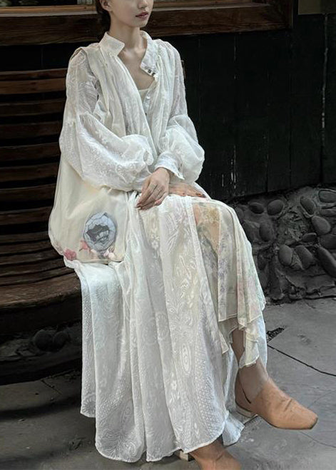 Handmade White Oversized Jacquard Cotton Cardigan Summer