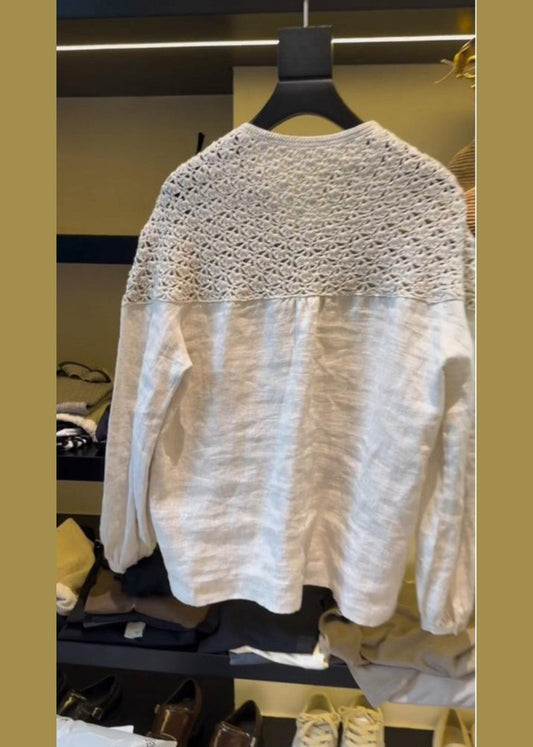 Handmade White Oversized Patchwork Hollow Out Linen Tops Summer