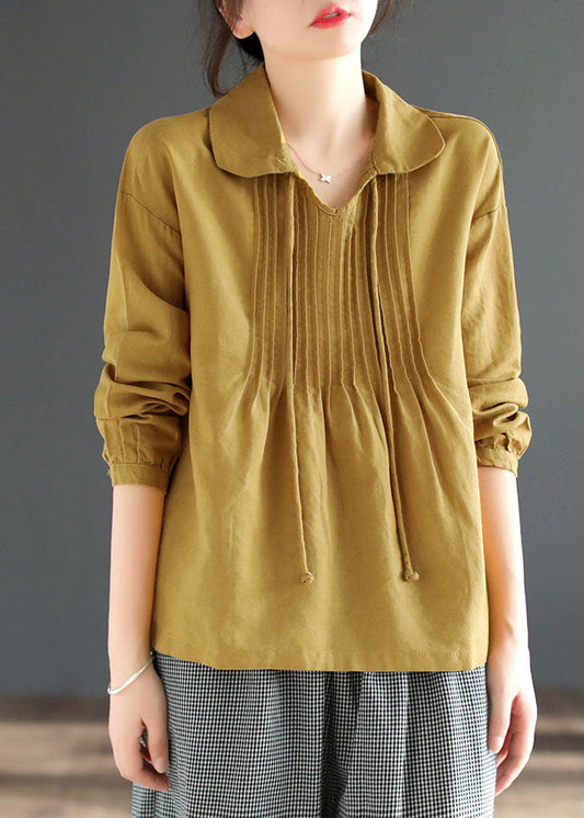 Camisa de algodón con cuello Peter Pan blanco y patchwork, hecha a mano, de manga larga