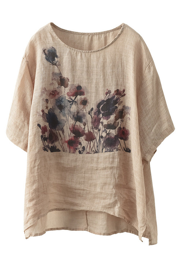 Camiseta de manga corta de ramio con estampado blanco hecho a mano