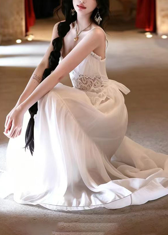 Handmade White V Neck Patchwork Lace Party Dress Summer